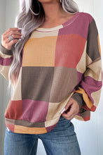 Load image into Gallery viewer, Rose Red Checkered Print Textured Knit Long Sleeve Loose Top
