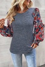 Load image into Gallery viewer, Blue Pale Chestnut Ruffle Tiered Floral Sleeve Crew Neck Blouse
