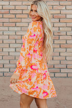 Load image into Gallery viewer, Orange Abstract Print Smocked Lantern Sleeve Ruffle Mini Dress
