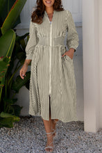 Load image into Gallery viewer, Black Stripe V Neck Zip Front Cinched High Waist Midi Dress
