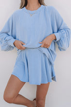Load image into Gallery viewer, Sky Blue Corded Lantern Sleeve Top High Waist Ruffled Mini Skirt Set

