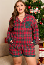 Load image into Gallery viewer, Red Plus Size Plaid Contrast Patchwork Long Sleeve Shirt and Shorts 2pcs Pajama Set
