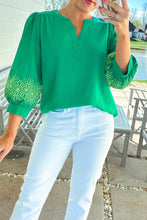 Load image into Gallery viewer, Green Contrast Floral Embroidered 3/4 Sleeve Notched V Neck Elegant Blouse
