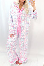 Load image into Gallery viewer, Pink Bow Wreath Pattern Christmas Holiday Tied Front Long Sleeve 2pcs Pajama Set
