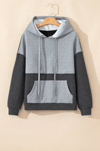 Load image into Gallery viewer, Gray Textured Color Block Kangaroo Pocket Drop Shoulder Hoodie
