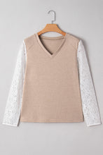 Load image into Gallery viewer, Oatmeal V Neck Contrast Lace Patchwork Long Sleeve Top
