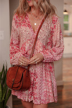 Load image into Gallery viewer, Pink Bohemian Floral Print Tassel Tie Long Sleeve Flowy Mini Dress
