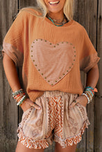 Load image into Gallery viewer, Desert Gold Stud Heart Patch Textured Front Dolman Top
