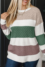 Load image into Gallery viewer, Green Mixed Texture Knit Striped Color Block Loose Sweater
