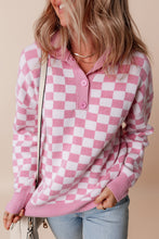 Load image into Gallery viewer, Pink Checkered Buttons Collar V Neck Drop Shoulder Sweater
