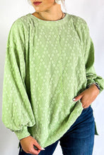 Load image into Gallery viewer, Light Green Solid Color Textured Side Split Crew Neck Blouse
