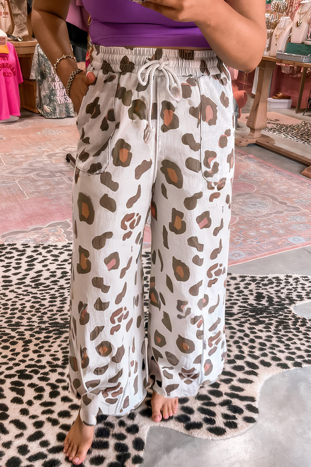 Beige Drawstring Leopard Print Patch Pocket Loose Pants