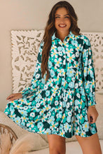 Load image into Gallery viewer, Green Floral Tiered Long Puff Sleeve Shirt Dress
