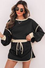 Load image into Gallery viewer, Black Color Contrast Loose Pullover and Lace-up Waist Skort Set
