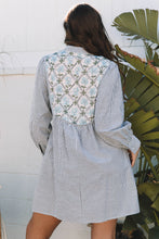 Load image into Gallery viewer, Black Stripe Floral Patchwork Tied V Neck Shift Long Sleeve Mini Dress
