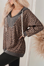 Load image into Gallery viewer, Khaki Ribbed Leopard Print Contrast Collar Zip Hooded Pullover Sweatshirt

