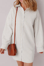Load image into Gallery viewer, Khaki Stripe Long Sleeve Button Up Mini Shirt Dress

