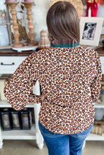 Load image into Gallery viewer, Brown Leopard Print Contrast Frilled Trim Button Down V Neck Shirt
