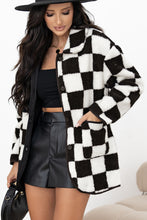 Load image into Gallery viewer, Black Checkered Side Pockets Collared Buttoned Fleece Jacket
