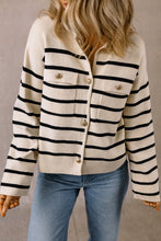 Load image into Gallery viewer, Black Stripe Flap Pocket Buttoned Cardigan Sweater
