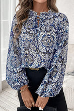 Load image into Gallery viewer, Blue Tribal Print Lace-up Frilled Neck Puff Sleeve Blouse
