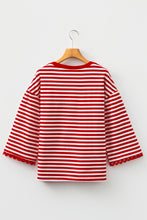 Load image into Gallery viewer, Racing Red Striped Print Drop Shoulder Lace Trim Bracelet Sleeve Loose Top
