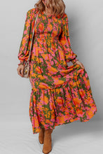 Load image into Gallery viewer, Orange Floral Puff Sleeve Smocked Bodice Ruffled Long Dress
