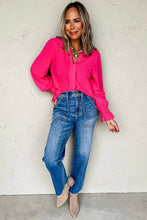 Load image into Gallery viewer, Rose Red Solid Color Shirred Cuff Notch V Neck Blouse
