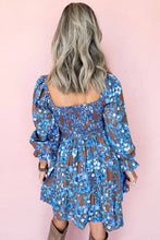 Load image into Gallery viewer, Blue Smocked Bodice High Waist Ruffled Sleeve Floral Dress
