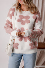 Load image into Gallery viewer, White Textured Flower Drop Shoulder Loose Sweater
