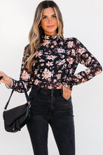 Load image into Gallery viewer, Black Floral Mesh Mock Neck Long Sleeve Slim Fit Top
