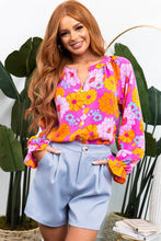 Load image into Gallery viewer, Rose Floral Print Flounce Sleeve Notched Neck Blouse
