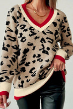 Load image into Gallery viewer, Khaki Leopard Pattern V-Neck Contrast Rib Knitted Sweater
