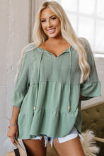 Load image into Gallery viewer, Laurel Green Tie Split Neck Textured Ruffle Patchwork Blouse
