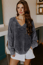 Load image into Gallery viewer, Black Mineral Wash V Neck Knit Exposed Seam Drop Shoulder Loose Sweater
