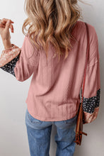 Load image into Gallery viewer, Dusty Pink Floral Patchwork Textured Knit Drawstring V Neck Blouse

