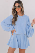 Load image into Gallery viewer, Sky Blue Corded Lantern Sleeve Top High Waist Ruffled Mini Skirt Set
