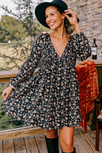 Load image into Gallery viewer, Black Floral Deep V Neck Smocked Bust Bubble Sleeve Babydoll Dress
