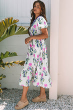 Load image into Gallery viewer, White Floral Puff Short Sleeve V Neck High Waist Maxi Dress
