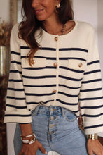 Load image into Gallery viewer, Black Stripe Flap Pocket Buttoned Cardigan Sweater

