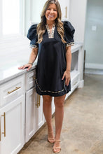 Load image into Gallery viewer, Black Leopard Trim Notched Neck Short Puff Sleeve Shift Mini Dress
