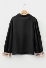 Load image into Gallery viewer, Black Contrast Leopard Print Patchwork Polo Collar Buttons Front Ruffled Long Sleeve Blouse
