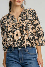 Load image into Gallery viewer, Black Floral Shirred Yoke Bracelet Sleeve Split Neck Boho Blouse
