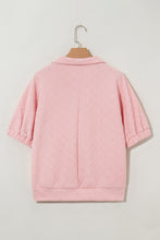 Load image into Gallery viewer, Light Pink Contrast Striped Collar Patchwork Textured Half Sleeve Blouse
