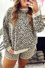 Load image into Gallery viewer, Khaki Plus Size Leopard Loose Pullover Casual Shorts 2pcs Outfit
