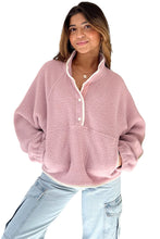 Load image into Gallery viewer, Fushia Stand Neck Half Button Zip Pocket Plush Sweatshirt
