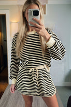 Load image into Gallery viewer, Black Stripe Textured Drop Shoulder Pullover Top Drawstring Mini Skirt Two Piece Dress Set
