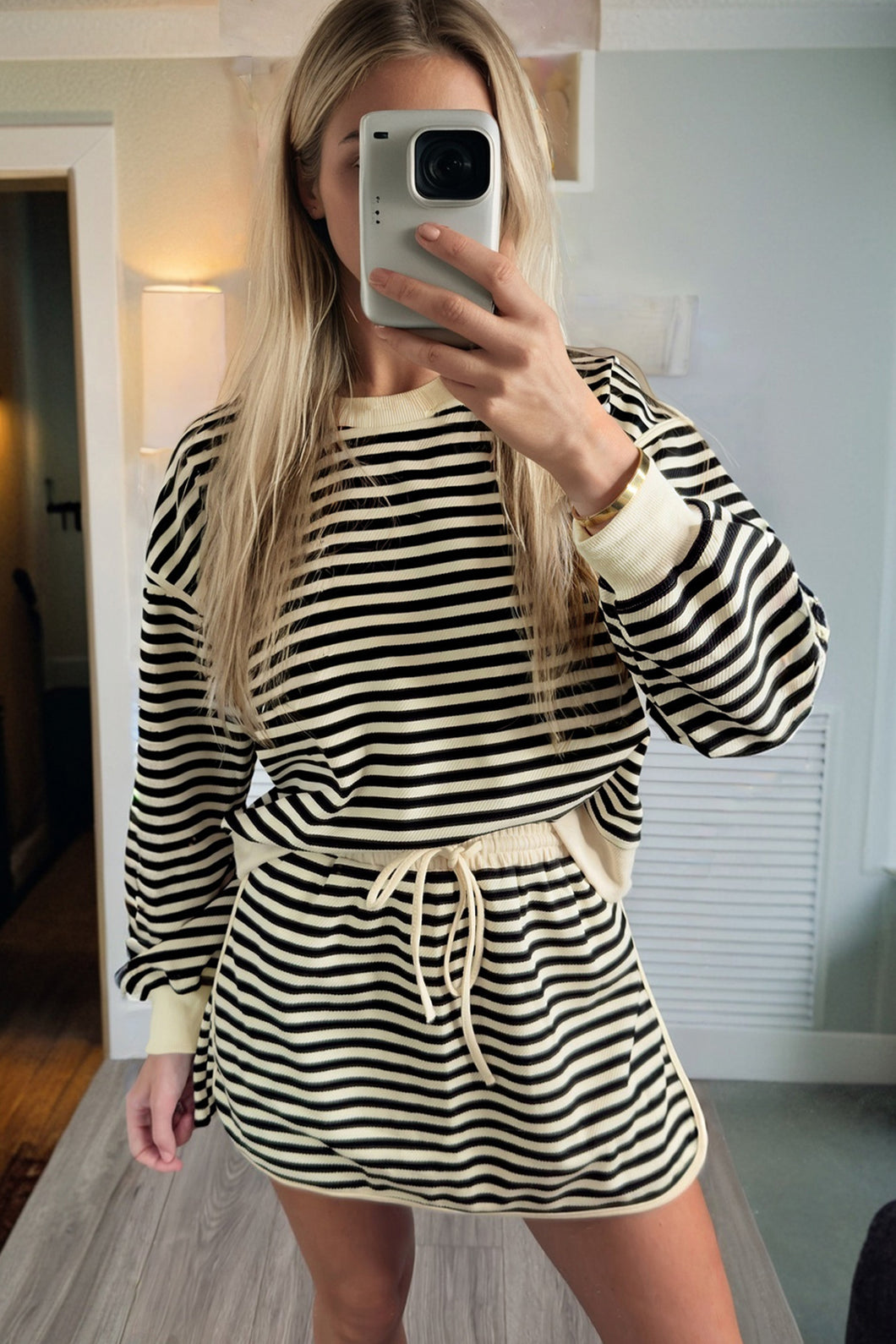 Black Stripe Textured Drop Shoulder Pullover Top Drawstring Mini Skirt Two Piece Dress Set