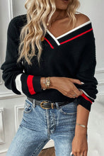 Load image into Gallery viewer, Black Contrast Striped Trim V Neck Drop Shoulder Sweater
