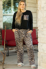 Load image into Gallery viewer, Black Leopard Patched Pocket Long Sleeve Top Plus Size Pants Set
